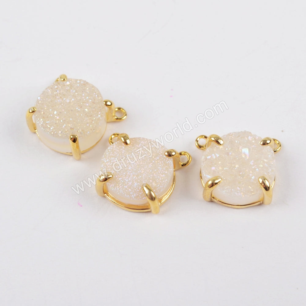 Round 10mm Gold Plated Claw Natural Agate Titanium Rainbow Druzy Connector ZG0165