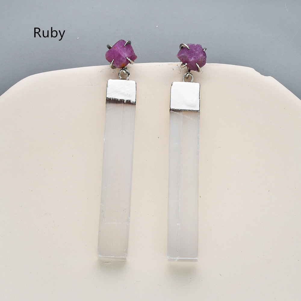 Silver Plated Claw Raw Crystal Chips & Selenite Bar Stud Earrings, Healing Gemstone Jewelry, Boho Stone Earrings ZS0491 Ruby Earring