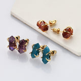 Gold Claw Hexagon Multi Gemstone Stud Earrings, Terminated Point Crystal Stone Earrings, Birthstone Jewelry Earrings ZG0481