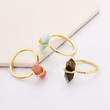 CZ Gold Plated Natural Gemstone Crystal Terminated Point Rings Faceted Turquoise Moonstone Larimar Rhodochrosite Labradorite Ring ZG0461