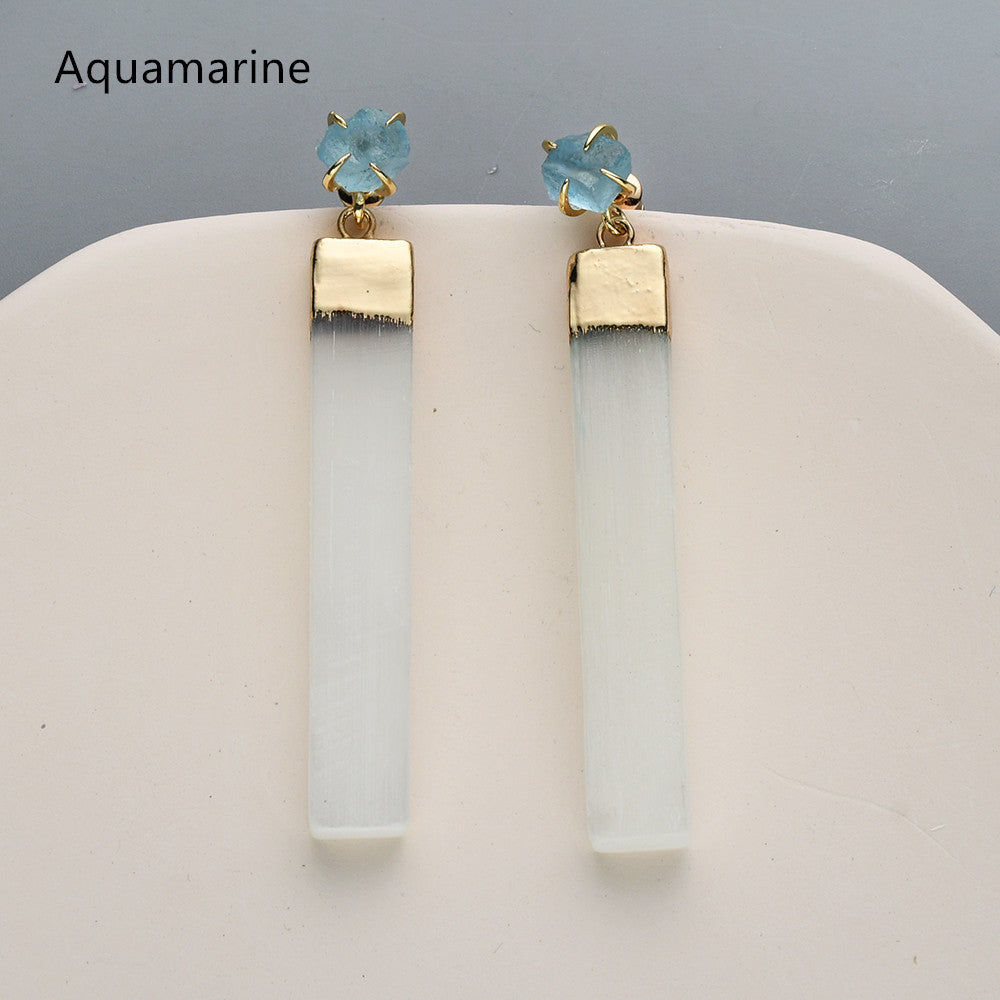 Gold Plated Claw Raw Gemstone Chips & Selenite Bar Stud Earrings, Healing Crystal Stone Jewelry, Boho Earrings ZG0491 Aquamarine Earrings