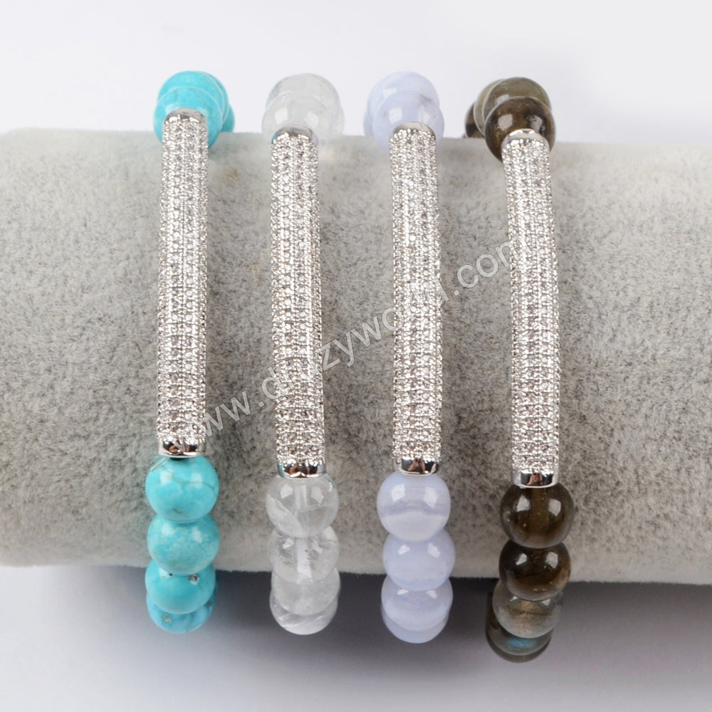 CZ Tube Bar With 8mm Gemstone Beads Bracelet Silver Plated S1475
