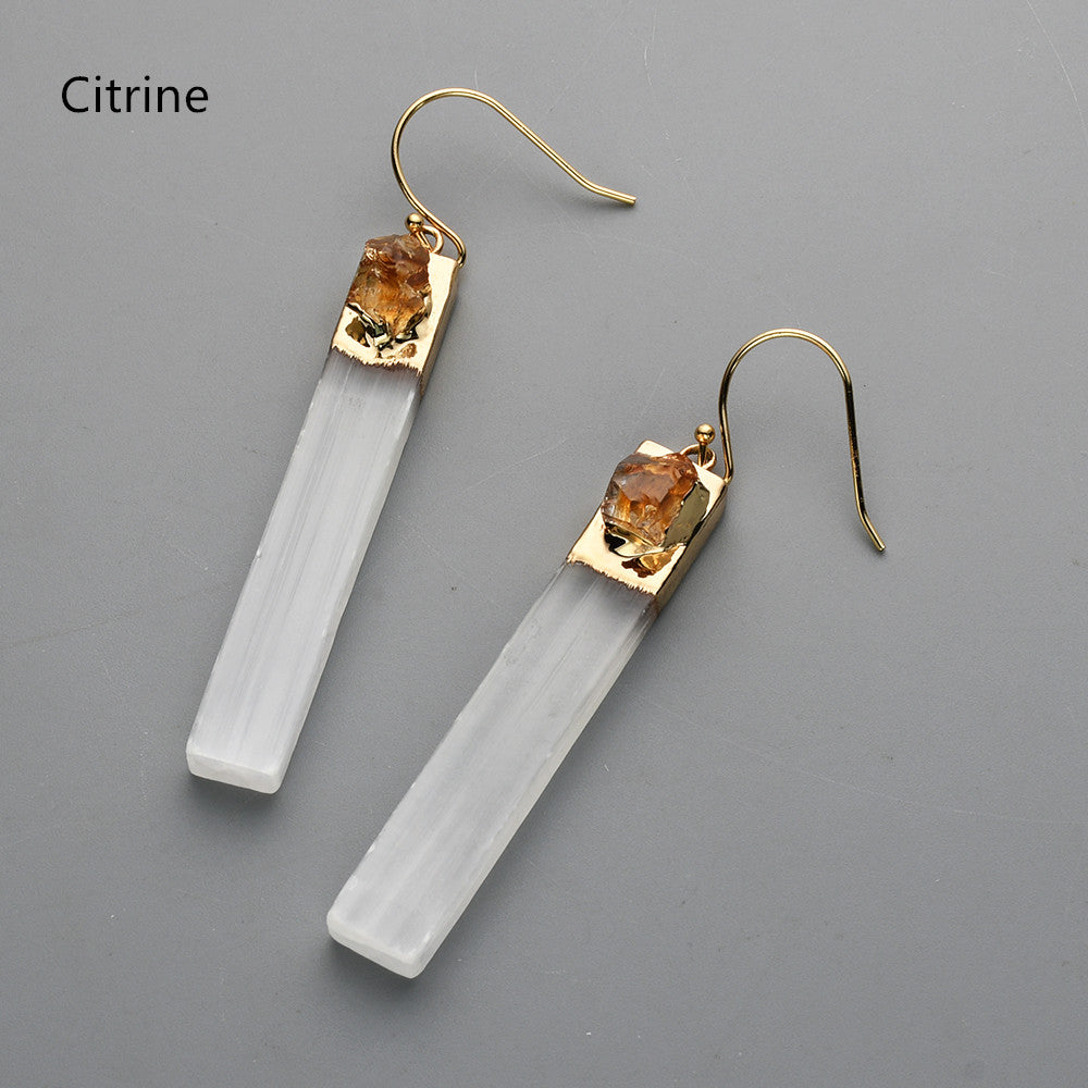 Gold Plated Rectangle Natural Selenite Crystal Earrings, Pave Raw Gemstone Chips, Healing Jewelry, Boho Earrings G2091 Citrine Earrings