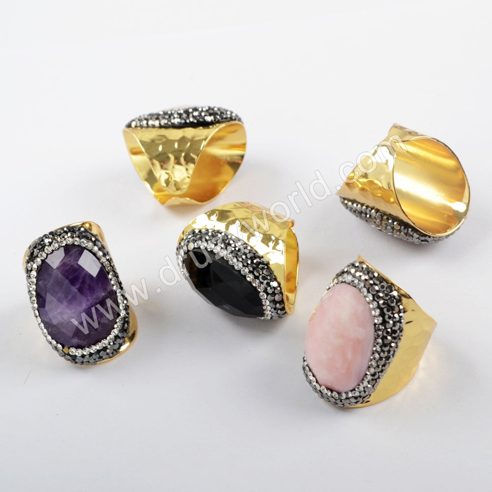 Rhinestone Pave Black Agate Pink Opal Stone Faceted Gold Band Ring JAB937