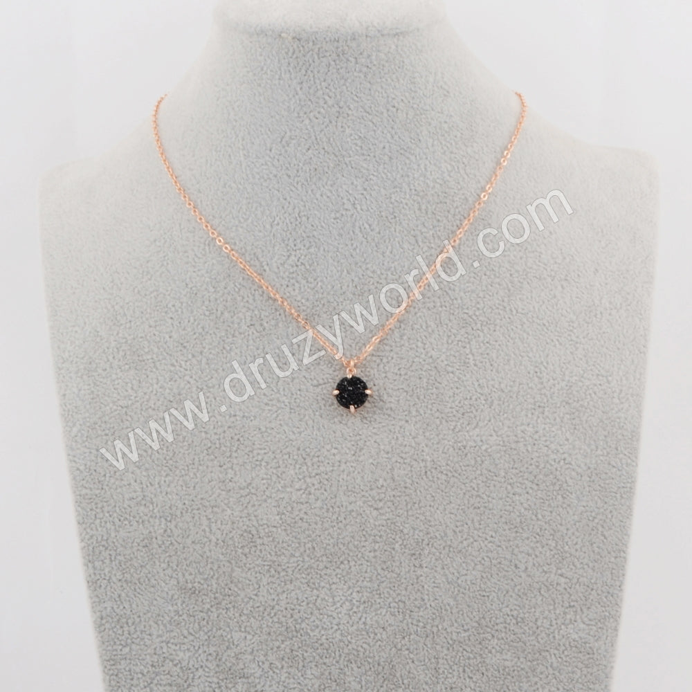 Rose Gold Plated Necklace,Black Druzy Necklace