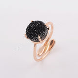 10mm Round Gold Plated Claw Natural Agate Titanium Black Druzy Earrings Ring Necklace Set ZG0400