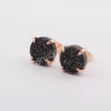 10mm Round Gold Plated Claw Natural Agate Titanium Black Druzy Earrings Ring Necklace Set ZG0400