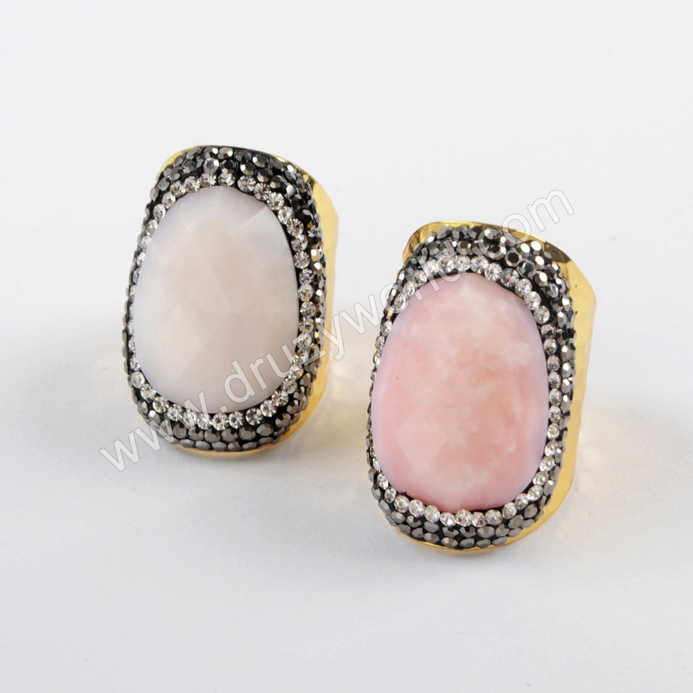Rhinestone Pave Black Agate Pink Opal Stone Faceted Gold Band Ring JAB937