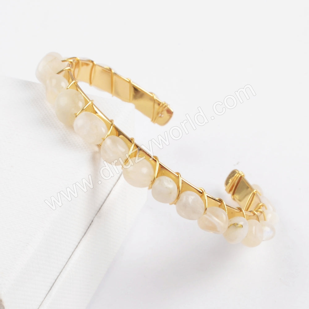 Gold Plated Multi-kind Stone Chips Wire Wrapped Bangle Bracelet, Handmade Boho Jewelry G1734