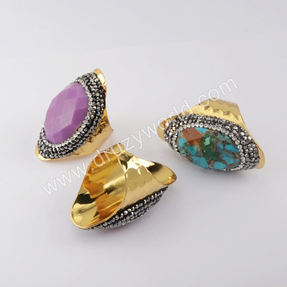 Rhinestone Pave Copper Turquoise Gemstone Faceted Gold Band Ring Boho Jewelry For Women JAB981-1