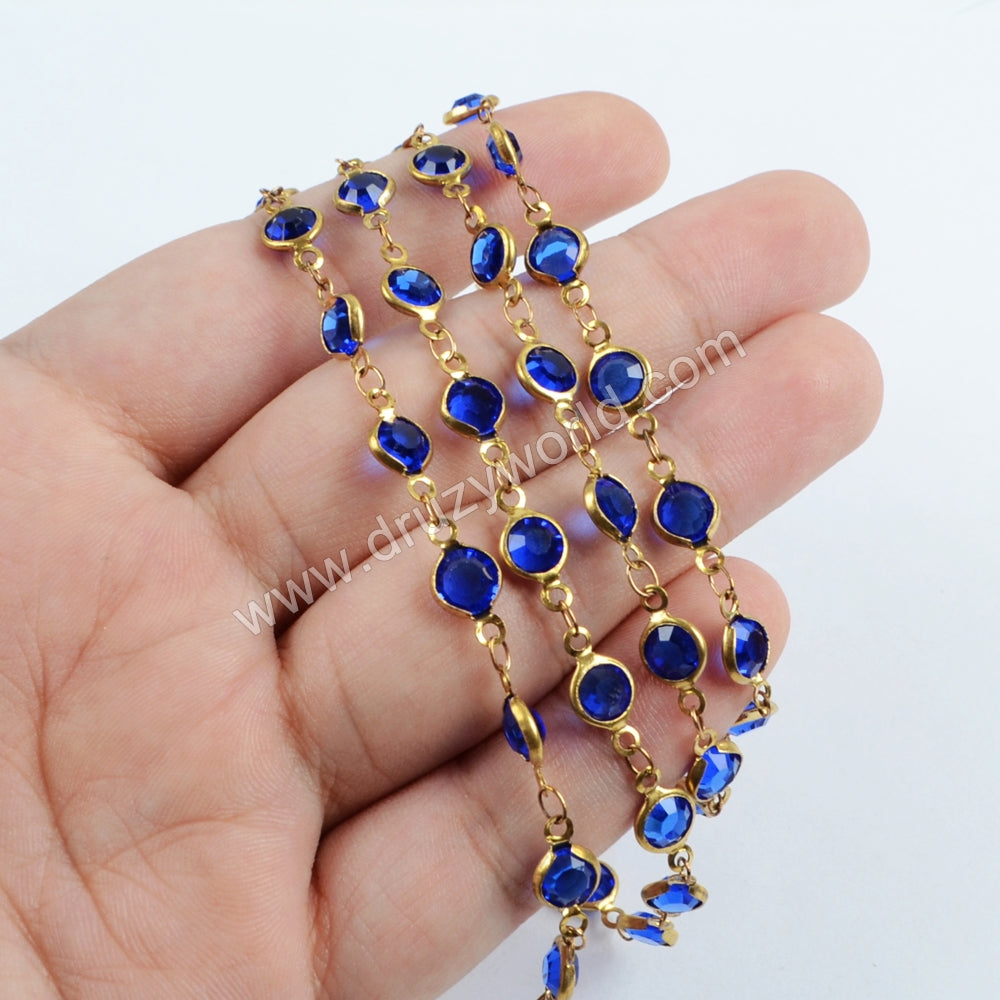5m/llot,Gold Plated 7mm Dark Blue Crystal Faceted Coin Rosary Chains JT192