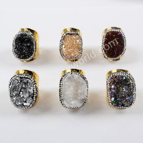 Rhinestone Pave Titanium Rainbow Druzy Geode Gold Band Ring JAB938