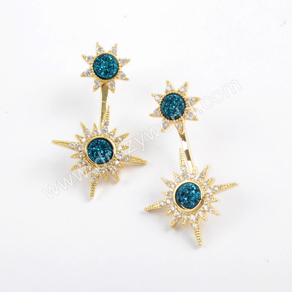 Double Star Gold Plated CZ Micro Pave Titanium Natural Druzy Studs Earring ZG0386