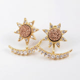 Gold Plated Bezel CZ Micro Pave Natural Titanium Druzy Crescent Star Stud Earrings ZG0248