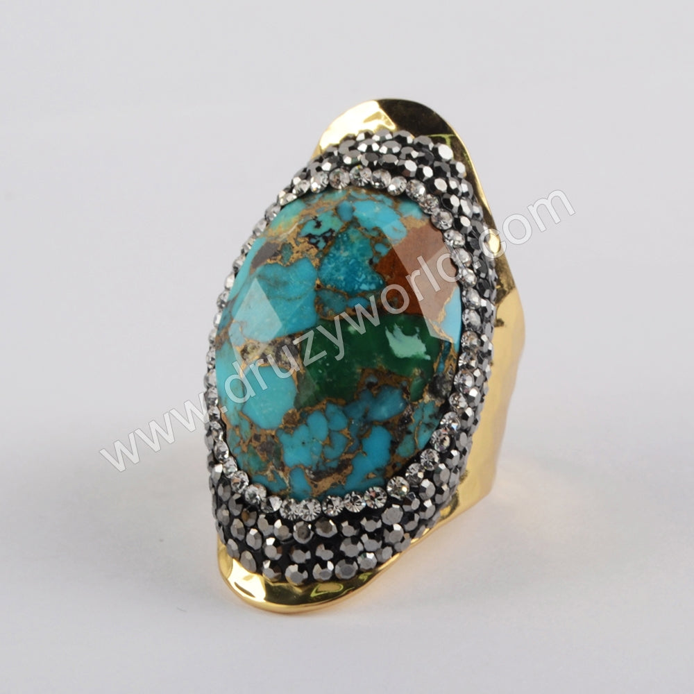 Rhinestone Pave Copper Turquoise Gemstone Faceted Gold Band Ring Boho Jewelry For Women JAB981-1