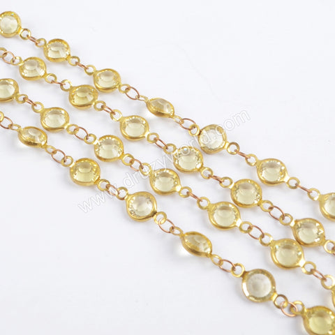 5m/llot,Gold Plated 7mm Yellow Crystal Faceted Coin Rosary Chains JT193