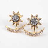 Gold Bezel CZ Micro Pave Crystal Crescent Star Rose Gold Druzy Stud Earrings ZG0248
