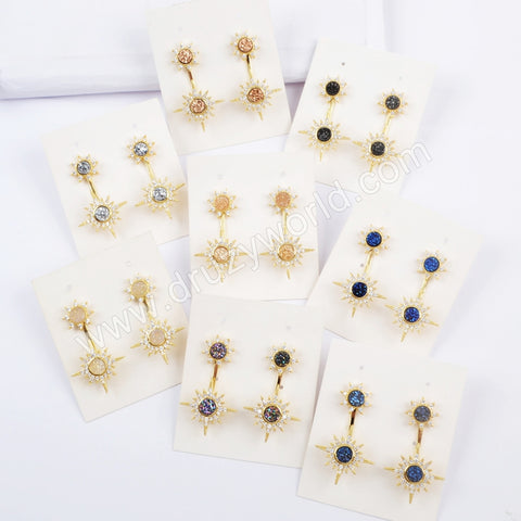 Double Star Gold Plated CZ Micro Pave Rainbow Druzy Studs Earring ZG0387