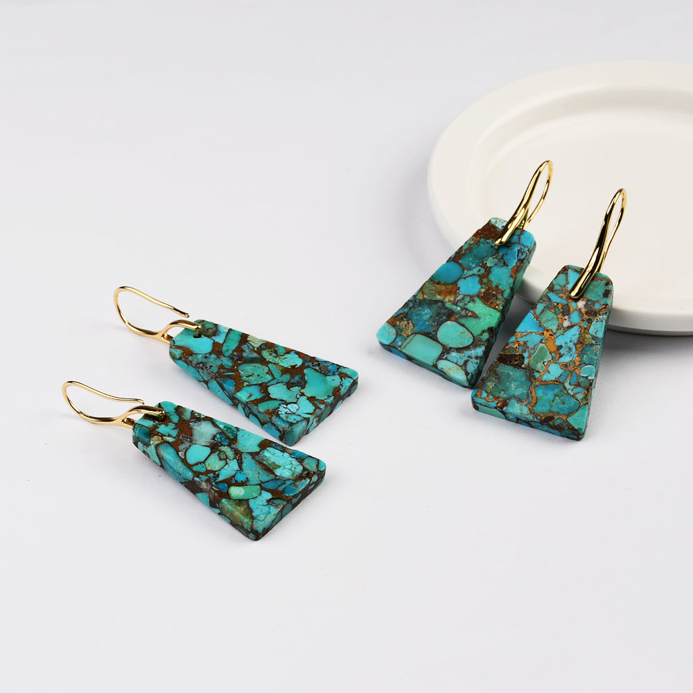 Trapezoid Gold Plated Natural Copper Turquoise Dangle Earrings G2078-8