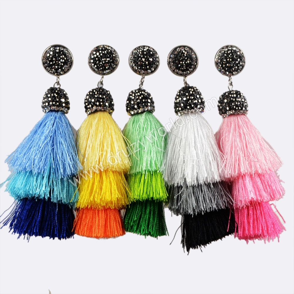 Rhinestone Three Layer Rainbow Silk Tassel Dangle Stud Earrings JAB794
