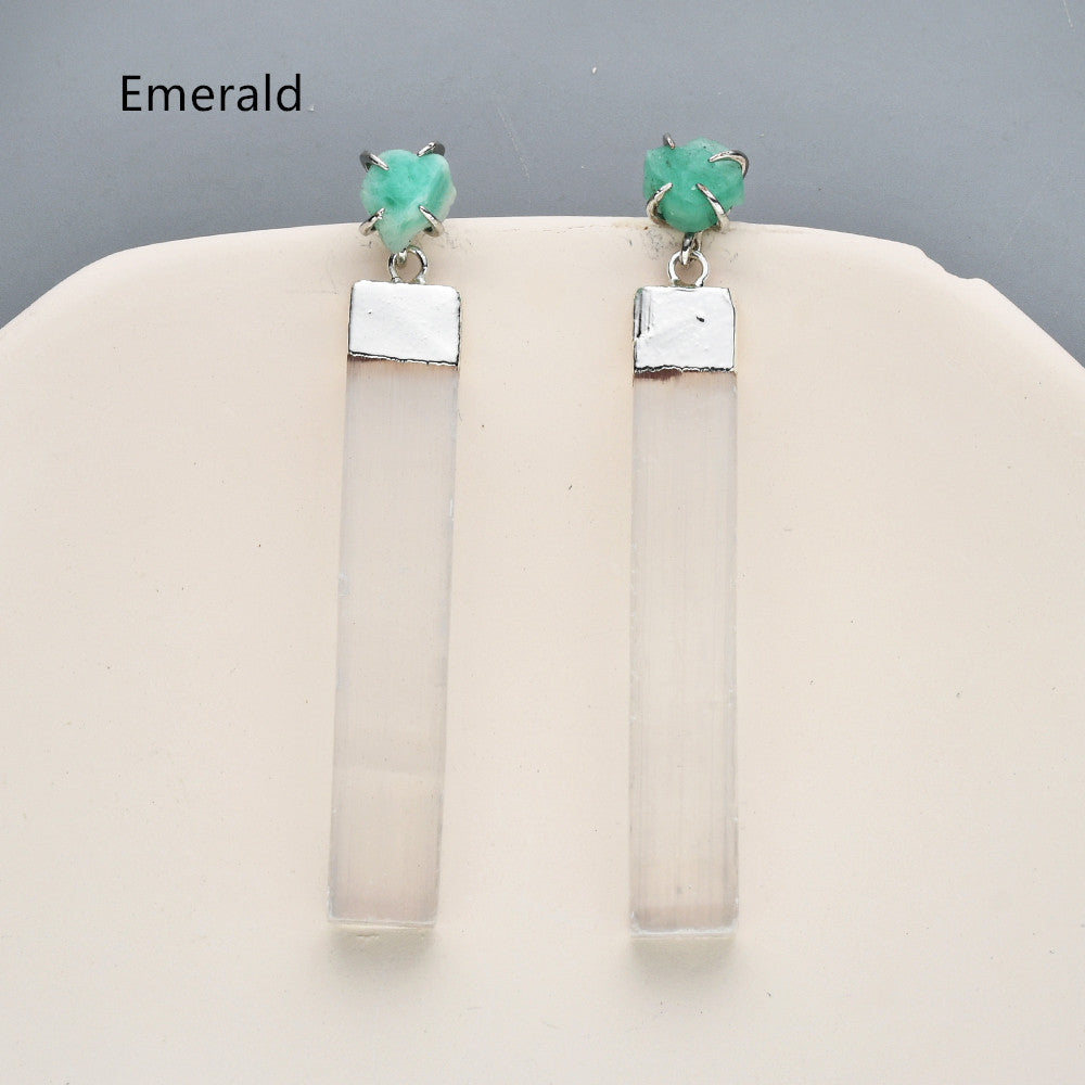 Silver Plated Claw Raw Crystal Chips & Selenite Bar Stud Earrings, Healing Gemstone Jewelry, Boho Stone Earrings ZS0491 Emerald Amazonite Earring