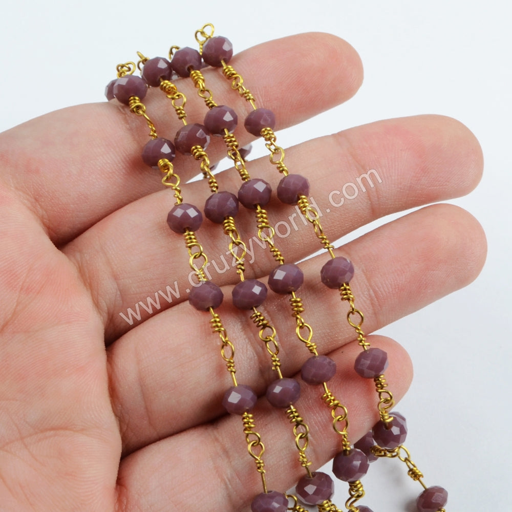 5m/lot,Gold Plated 6mm Purple Crystal Faceted Rosary Chain JT205