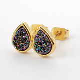 Teardrop Gold Plated Bezel Rainbow Titanium Druzy Studs Earrings ZG0276