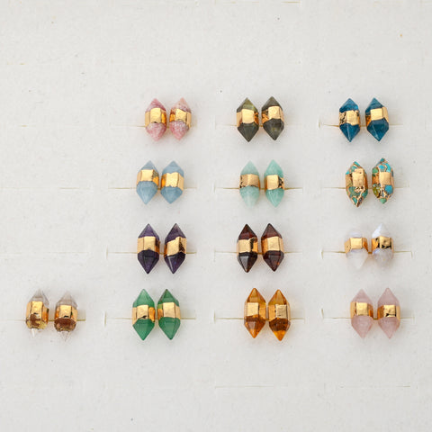 Gold Plated Hexagon Point Natural Gemstone Stud Earrings, Birthstone Earrings, Healing Crystal Stone Post Earrings, Wholesale Supply G2092