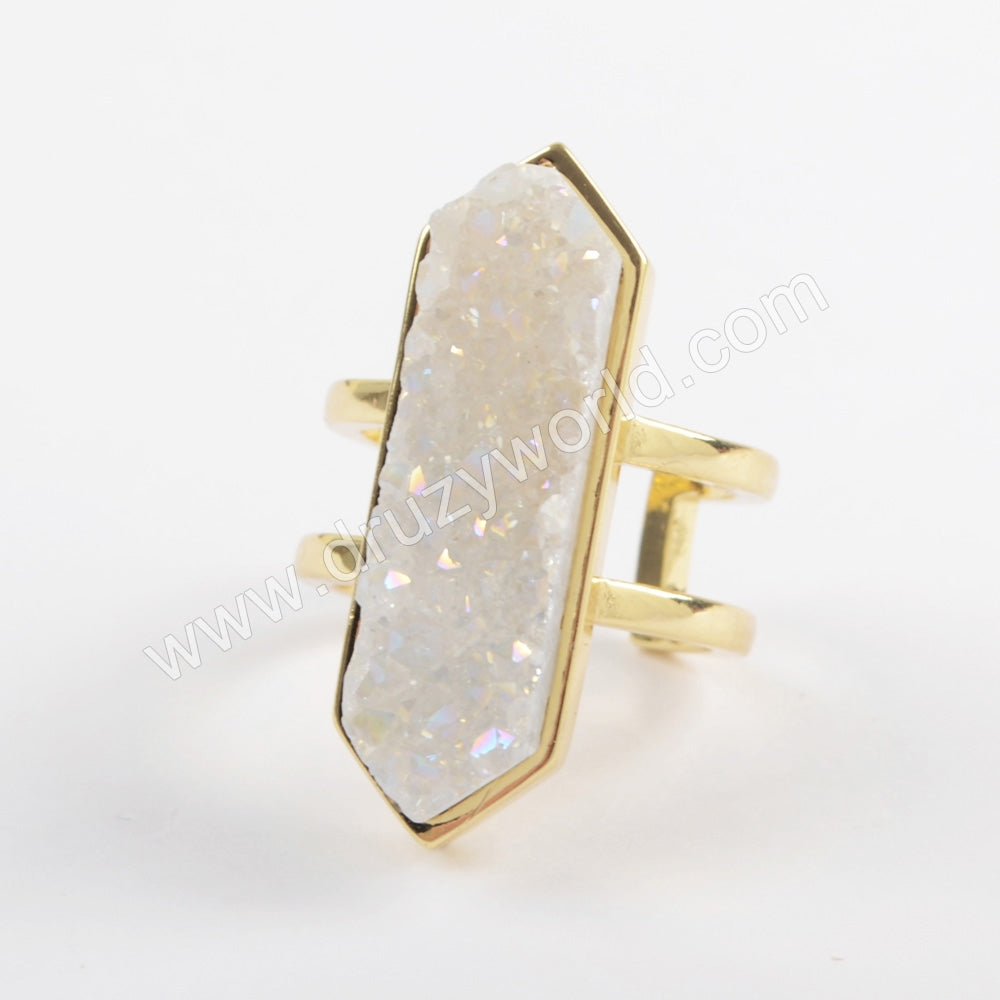 Hexagon Natural Agate Titanium AB White Druzy Ring, Open Ring Gold Plated ZG0404