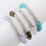 CZ Tube Bar With 8mm Gemstone Beads Bracelet Silver Plated S1475