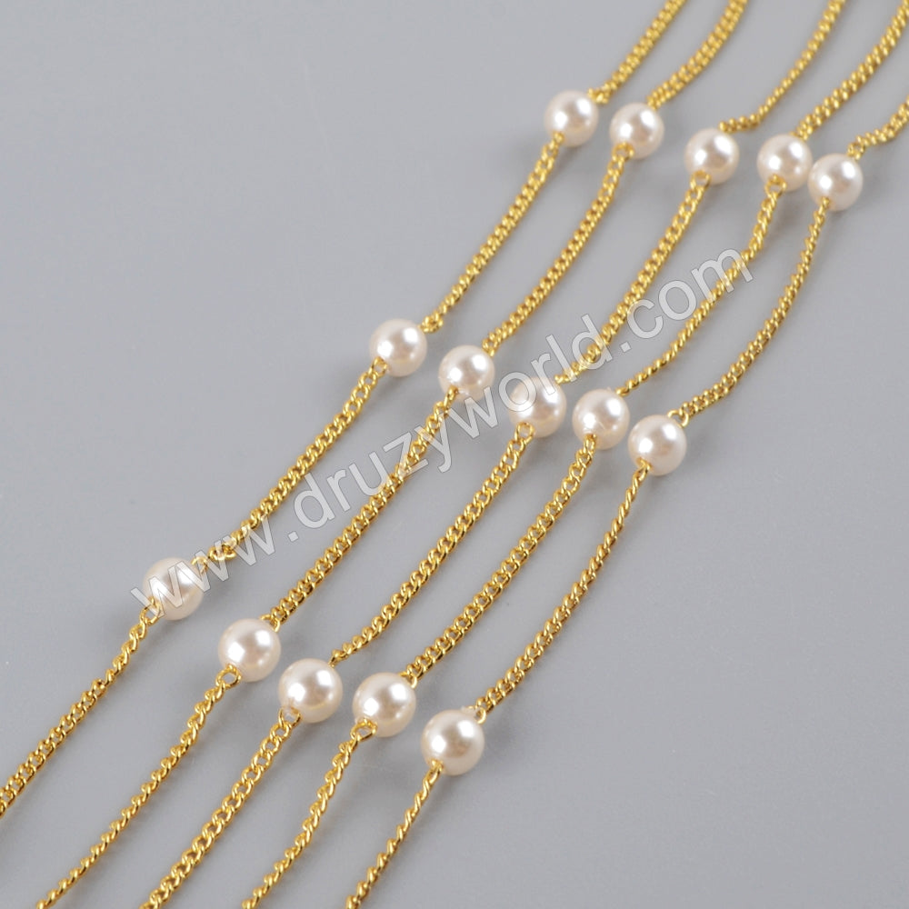 Pearl Rosary Chains Finding In Gold Plated, Pearl Bead Chain For Making Jewelry Necklace JT269