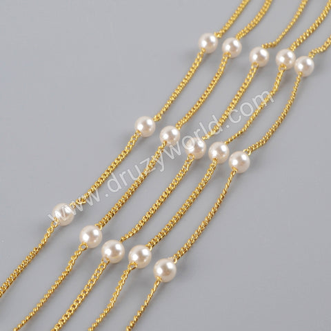 Pearl Rosary Chains Finding In Gold Plated, Pearl Bead Chain For Making Jewelry Necklace JT269