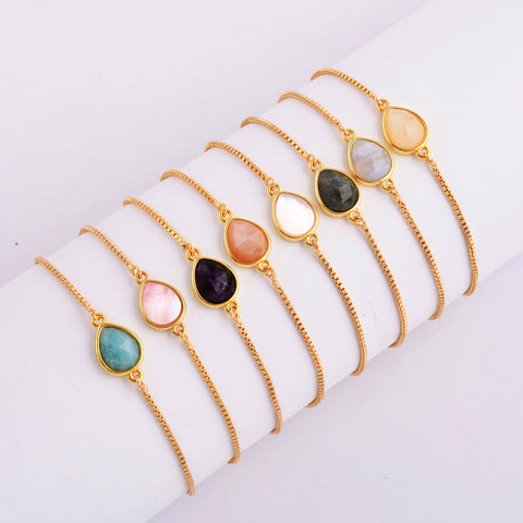 Teardrop Natural Stone Amethyst Gold Bezel Connector Bracelet, Gemstone Birthstone Jewelry  WX989