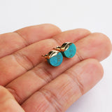 Gold Plated Cap Natural Pure Turquoise Stud Earrings, Gemstone Boho Jewelry G2077