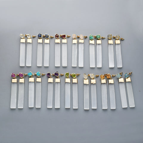 Gold Plated Claw Raw Gemstone Chips & Selenite Bar Stud Earrings, Healing Crystal Stone Jewelry, Boho Earrings ZG0491