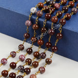5m/lot,Gold Plated 8mm Round Red Lace Agate Beads Wire Wrapped Rosary Chain JT123