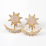 Gold Bezel CZ Micro Pave Crystal Crescent Star Rose Gold Druzy Stud Earrings ZG0248