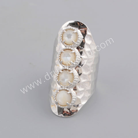 Gold Plated Four Mother Of Pearl Cuff Ring, Long Band Open Ring, White Pearl Shell Boho Jewelry ZG0395