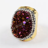 Rhinestone Pave Titanium Rainbow Druzy Geode Gold Band Ring JAB938