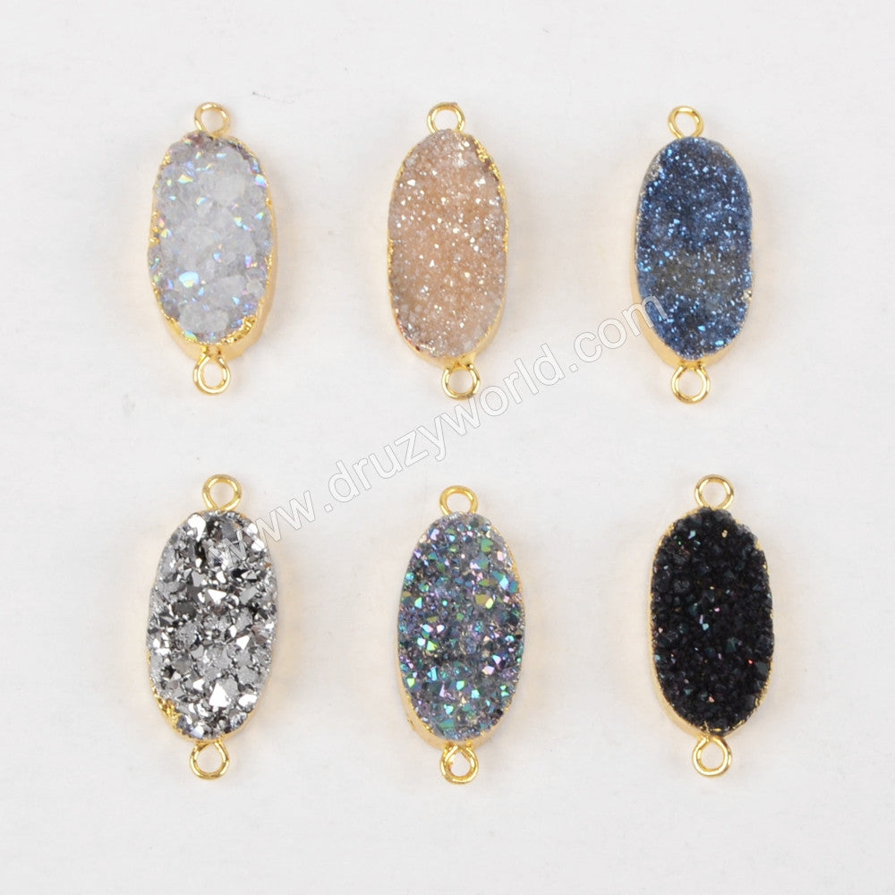 Oval Shape Titanium Rainbow Druzy Connector Double Bails Gold Plated, For Jewelry Making G1285