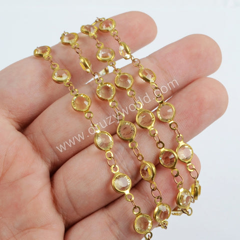 5m/llot,Gold Plated 7mm Yellow Crystal Faceted Coin Rosary Chains JT193