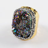 Rhinestone Pave Titanium Rainbow Druzy Geode Gold Band Ring JAB938