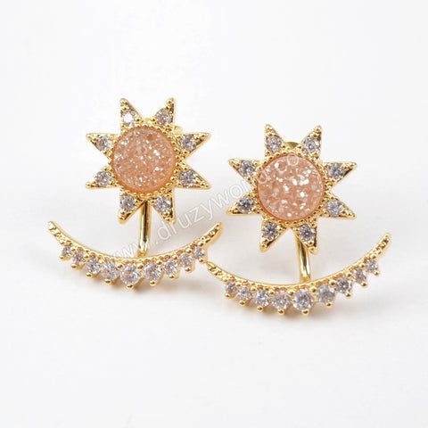 Gold Plated Bezel CZ Micro Pave Natural Titanium Druzy Crescent Star Stud Earrings ZG0248