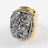 Rhinestone Pave Titanium Rainbow Druzy Geode Gold Band Ring JAB938