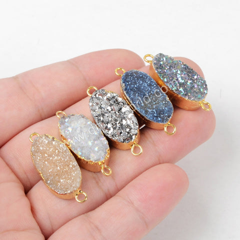 Oval Gold Plated Natural Agate Titanium Rainbow Druzy Connector Double Bails G1285