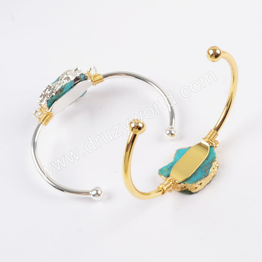 Natural Turquoise Wire Wrapped Bracelet Bangle Silver Plated  S1662