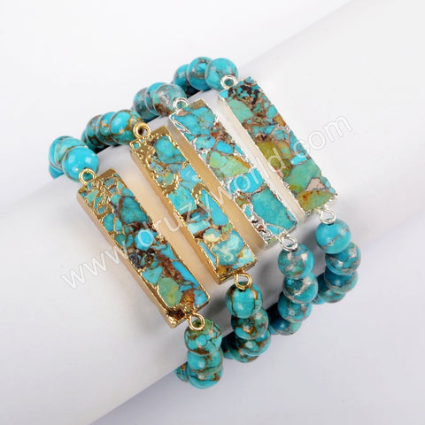 Copper Turquoise With 8mm Beads Bracelet For Women Silve Plated S1651