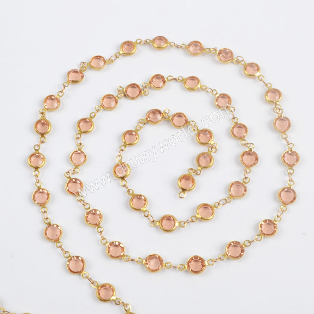 5m/llot,Gold Plated 7mm Orange Crystal Faceted Coin Rosary Chains JT194