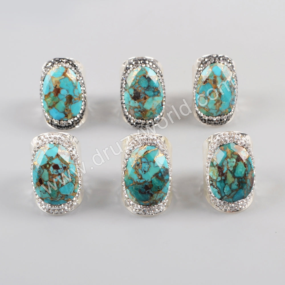 Rhinestone Pave Natural Copper Turquoise Silver Band Ring JAB944