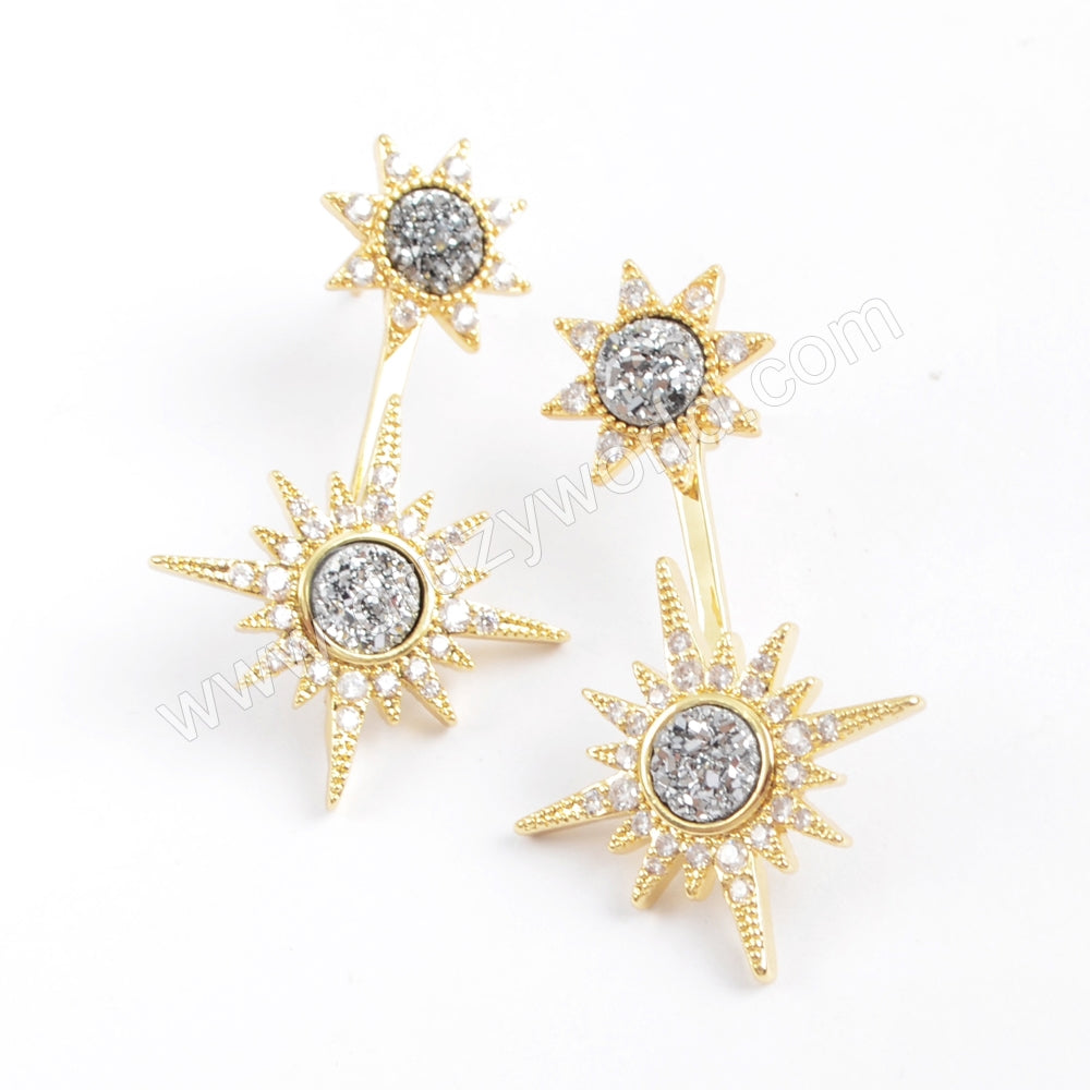 Double Star Gold Plated CZ Micro Pave Natural Titanium Druzy Studs Earring ZG0387